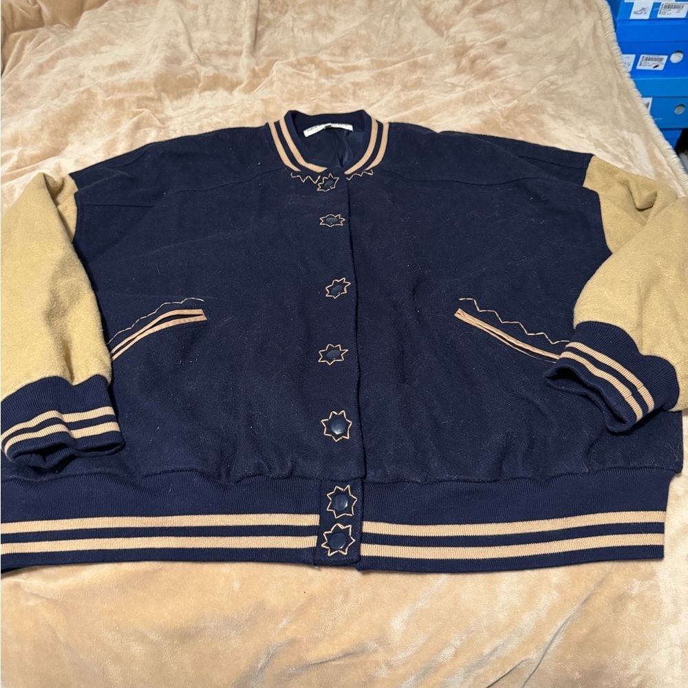 Free People Navy and Tan Home Run Varsity Jacket Women’s XL - Picture 2 of 5